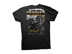 Dark grey Crooked Garage motorcycle t-shirt with skull and motorcycle graphic, perfect for motorcycle enthusiasts.
