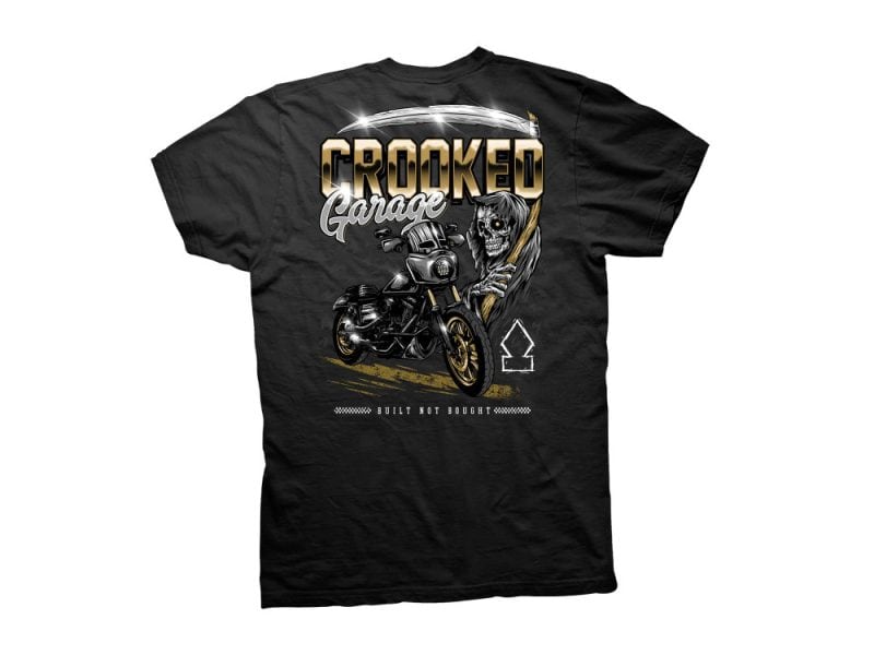 Dark grey Crooked Garage motorcycle t-shirt with skull and motorcycle graphic, perfect for motorcycle enthusiasts.