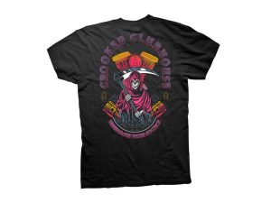 Grim reaper graphic t-shirt with motorcycle motifs and "Crossed Clubhouse" text.