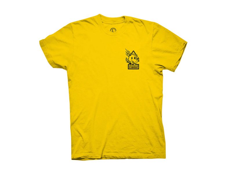 Bright yellow motorcycle club T-shirt with Crooked Clubhouse logo, perfect for motorcycle enthusiasts.