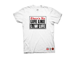 Lifestyle T-shirt with bold "There's No Life Like Low Life" graphic and Revelry Motorcycles branding.