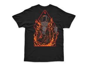 Vibrant graphic T-shirt with motorcycle racer flames design, perfect for Revelry Motorcycles fans.