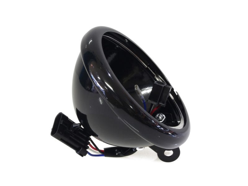 Motorcycle LED headlight with wiring harness for Revelry Motorcycles Australia.