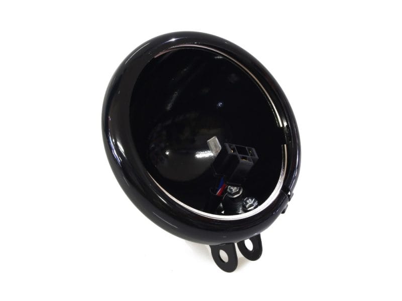 Bright black motorcycle horn with wiring for Revelry Motorcycles bikes.