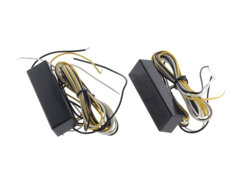 Dual Converter Module. Suits LED Boltz and Micro Bullet Turn Signals. Wiring harness kit for motorcycle electrical systems, black and yellow cables.