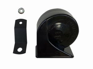 Castrol electric horn for motorcycles, black metal housing, designed for Revelry Motorcycles.