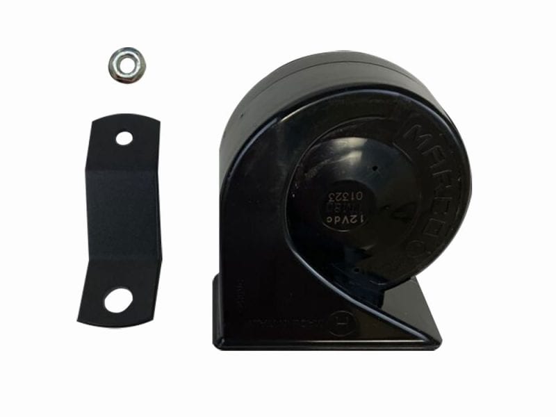 Castrol electric horn for motorcycles, black metal housing, designed for Revelry Motorcycles.