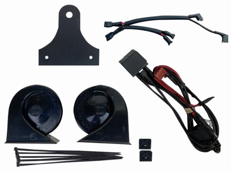 109db Electromagnetic Horn Kit - Black. Fits Touring 1992up Vape warning lights, wires, mounting brackets, and electrical components for motorcycle use.