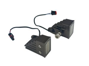 High-performance motorcycle LED indicator lights for Revelry Motorcycles, with wiring harness and mounting hardware.