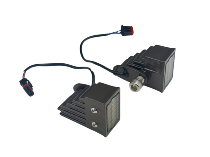 High Performance Turn Signals - Black. Fits Low Rider ST 2022up High-performance motorcycle LED indicator lights for Revelry Motorcycles, with wiring harness and mounting hardware.