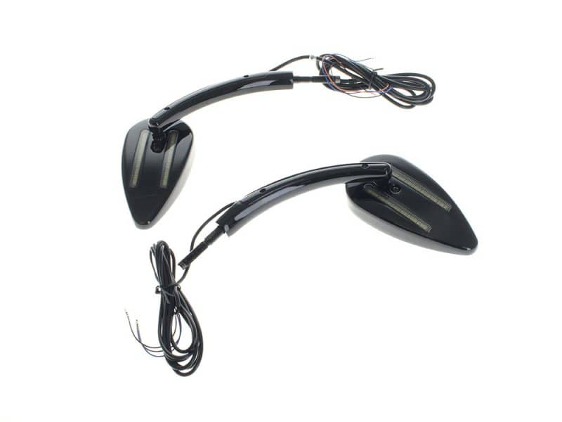 Black motorcycle LED turn signals with wiring harnesses for Revelry Motorcycles.