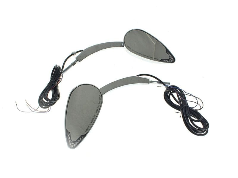 LED Mirrors Run/Turn - Chrome. Reflective motorcycle mirror set with wiring for Revelry Motorcycles.