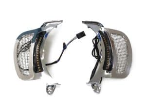 Chrome motorcycle front LED indicator lights with wiring harness for Revelry Motorcycles.