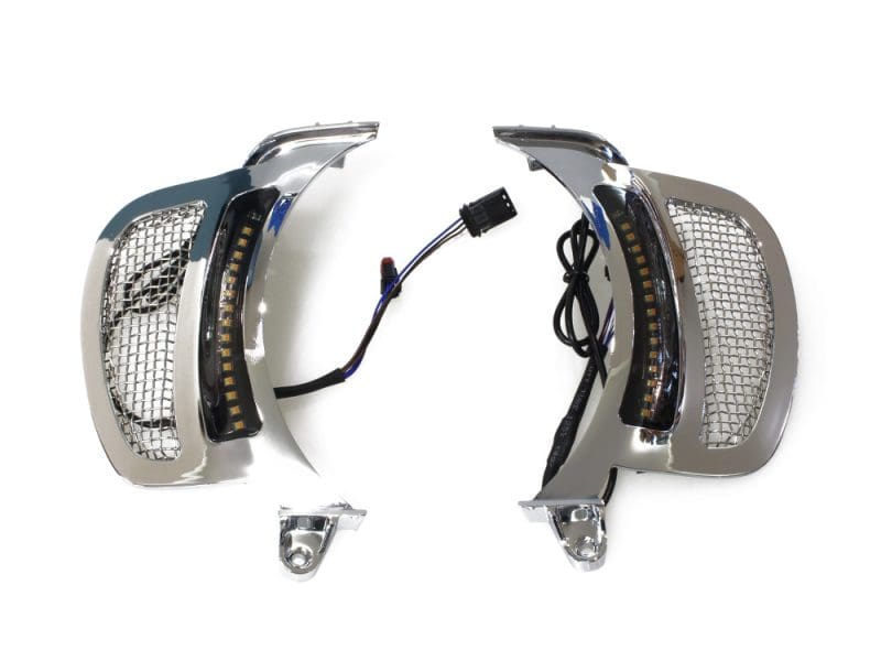 Dynamic LED Vent Inserts With Amber & White LED's - Chrome with Stainless Mesh. Fits Road Glide 2015-2023. Chrome motorcycle front LED indicator lights with wiring harness for Revelry Motorcycles.