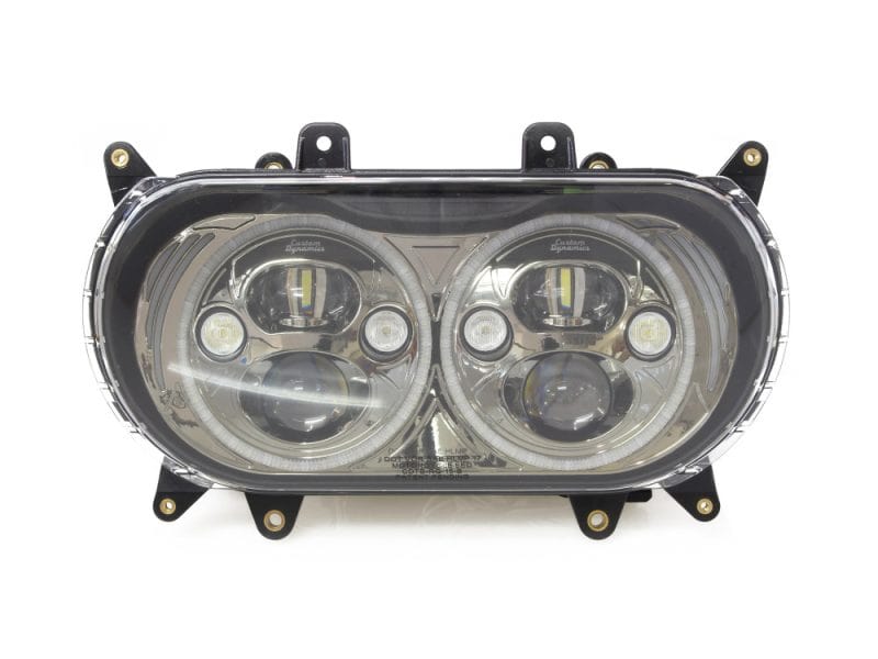 Bright LED motorcycle headlight with dual projectors for enhanced visibility | Revelry Cycles.