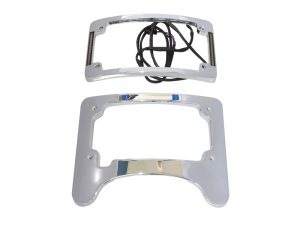 Chrome motorcycle headlight bezel with wiring harness for Revelry Motorcycles.