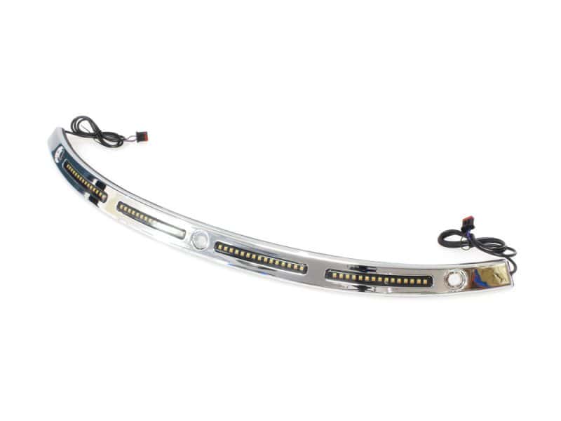 LED DRL Windshield Trim with Sequential Amber Turn LED motorcycle lighting bar for Revelry Motorcycles, chrome finish, enhanced visibility and style.