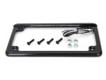 Stylish black motorcycle number plate holder with LED light and mounting hardware.