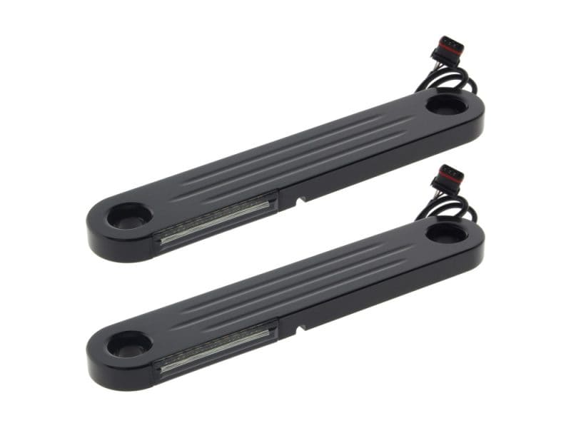 LED Dynamic Strips. Amber Turn with White Run - Black Finish. Fits Street Glide 2014up. Dual motorcycle LED indicator lights for Revelry Motorcycles, waterproof and high visibility.