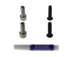Stainless steel and black screws with threadlocker tube for motorcycle maintenance and repairs.