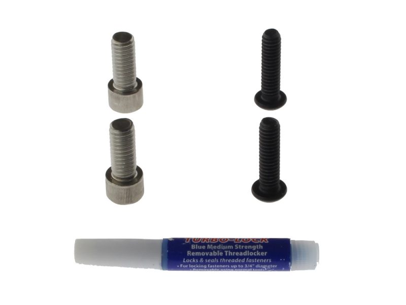 Stainless steel and black screws with threadlocker tube for motorcycle maintenance and repairs.