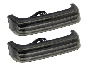 Highway motorcycle LED turn signals, black smoked lenses, stylish safety indicators for bikes.