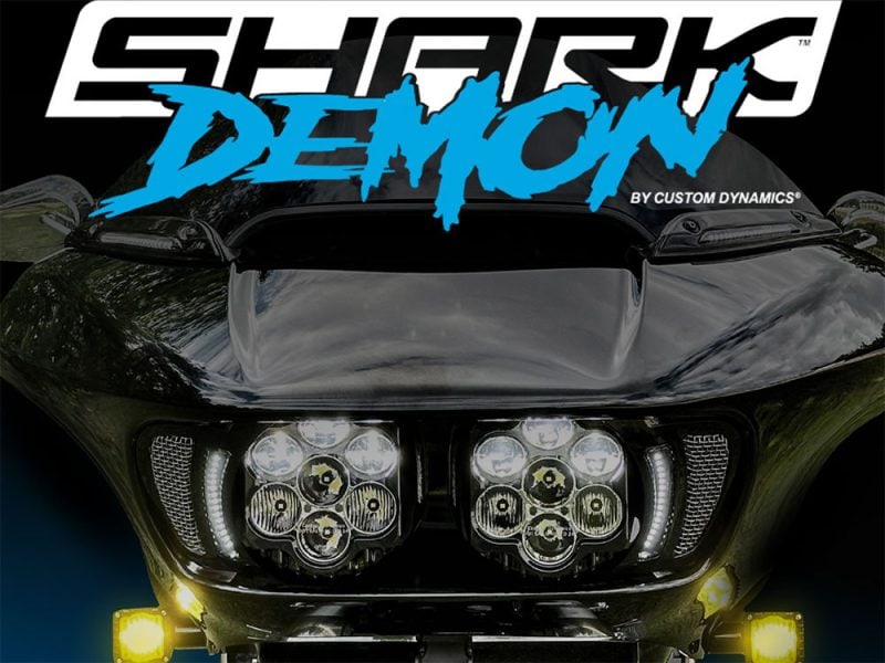 Shark Demon 2 Performance LED Headlight Kit - White & White. Fits Road Glide 2015-2023 Shark Demon's custom motorcycle headlight with LED lights and sleek black design, perfect for motorcycle enthusiasts.