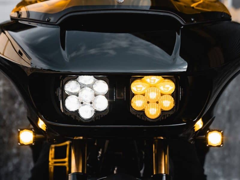 Shark Demon 2 Performance LED Headlight Kit - White & Yellow. Fits Road Glide 2015-2023 LED headlight and turn signal lights on black motorcycle, Revelry Motorcycles Australia.