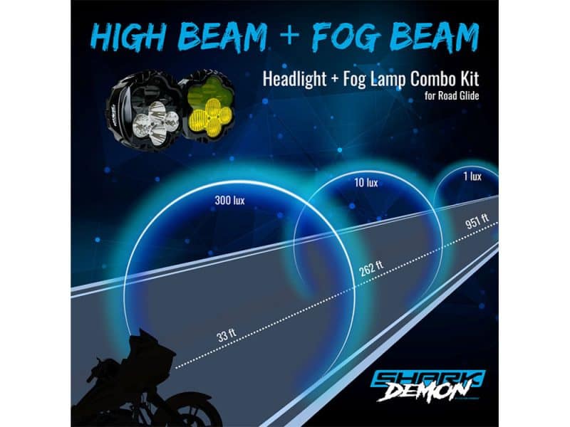 High beam and fog beam motorcycle light combo kit for enhanced road visibility.