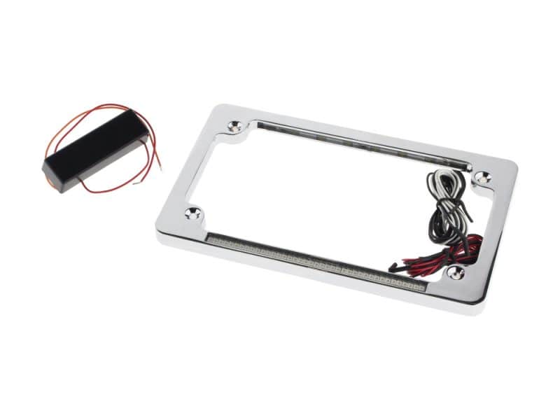 Flat Number Plate Frame with LED Red Brake Light - Chrome. Illuminated motorcycle license plate frame with LED lighting for Revelry Motorcycles, sleek chrome finish.