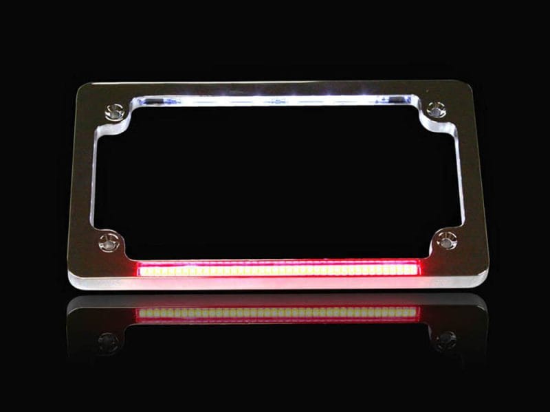 Sleek motorcycle LED license plate frame with integrated brake light for Revelry Motorcycles.