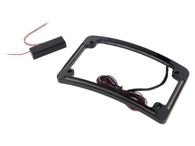 LED motorcycle license plate light frame with integrated wiring for Revelry Motorcycles.
