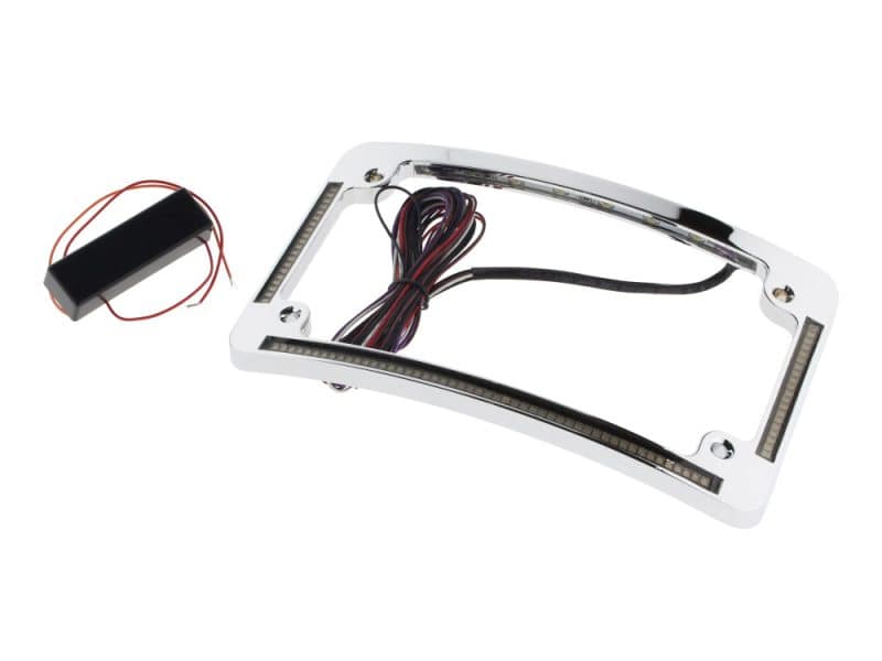 Curved Number Plate Frame with LED Amber Turn Signals & Red Brake Light - Chrome. LED motorcycle headlight wiring harness for Revelry Motorcycles accessories.