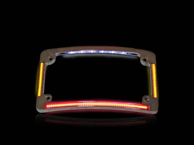 Bright LED motorcycle headlight frame with colourful illuminated accents, ideal for custom bike builds.