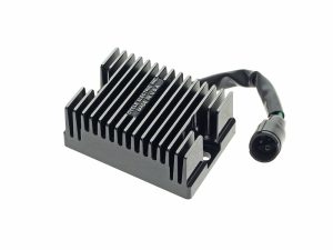 Aluminium motorcycle voltage regulator with cooling fins and wiring harness.