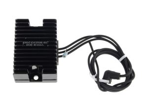 Black motorcycle regulator rectifier for Revelry Motorcycles, voltage regulator compatible with cafe racers.