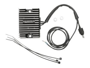 Alternator regulator rectifier for motorcycle electrical system, black metal heatsink.