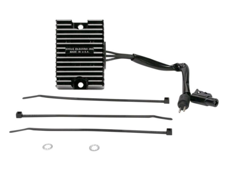 Regulator. Fits Sportster 1994-2003. Black motorcycle voltage regulator with wiring harness for Harley Davidson bikes.