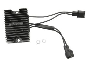 Black motorcycle voltage regulator rectifier for Revelry Motorcycles accessories.