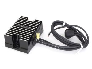 Compact black motorcycle regulator rectifier with wiring harness for electric vehicles.