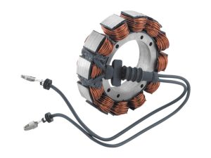 Copper wire motor stator with electrical cables for motorcycle electric engine components.