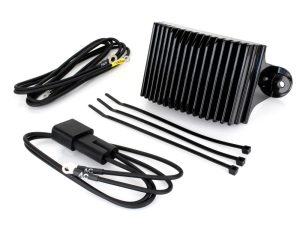 High-performance motorcycle LED headlight heat sink cooling fan and wiring kit accessories.