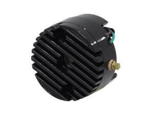 High-performance motorcycle LED headlight with cooling fins for Revelry Motorcycles.