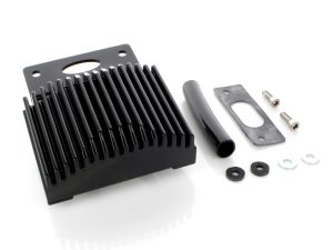 Black motorcycle voltage regulator with mounting hardware for Revelry Motorcycles Australia.