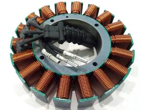 High-performance motorcycle stator with copper coils for Harley Davidson and custom bikes.