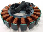 Revelry Motorcycle stator coil with electrical connectors for motorcycle electrical systems.