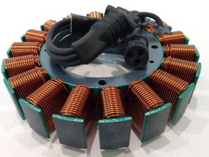 Revelry Motorcycle stator coil with electrical connectors for motorcycle electrical systems.