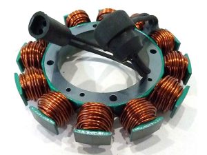 Aluminium stator coil assembly with copper windings for motorcycle electric motors.