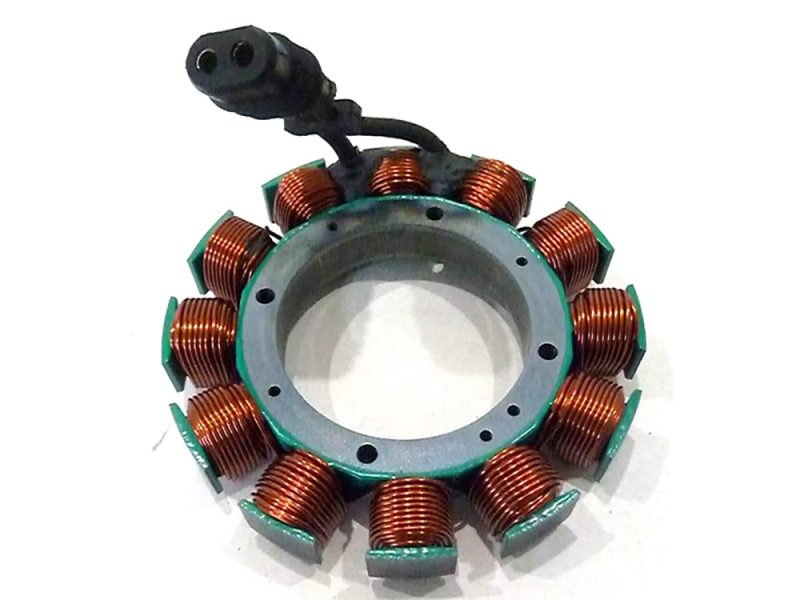 Copper coil stator for motorcycle electric start motor, essential part of Revelry Motorcycles' electric bike components.