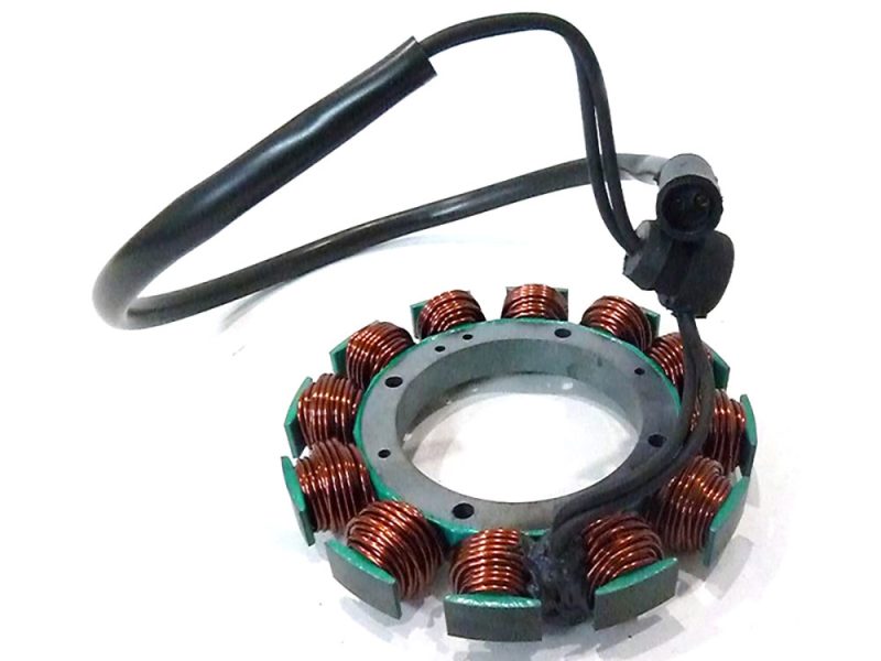 Copper coil stator for motorcycle engine, high-quality electrical component.